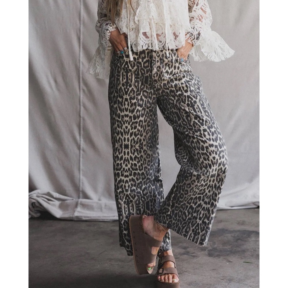 NWT Three Bird Nest Roaming Leopard Print Pants Wide Leg High Rise Tan Black S